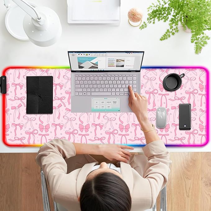 RGB Pretty Bow Girly Gaming Desk Mat Computer Keyboard Large Extended Long LED Mouse Pad for Office and Home XL (W24)