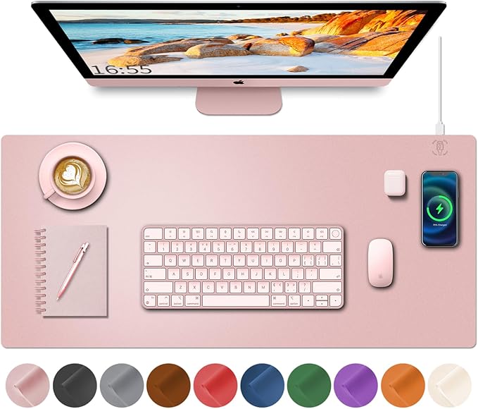 Desk Mat with Wireless Charging Pink Mouse Pad with Wireless Charger Desk Pad Matt for Desktop Mousepad Gaming Large Mouse Pad Leather Compute for Keyboard and Mouse 32 x 16