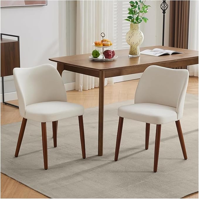 Adjustable Office Computer Chair with Armrest 2pcs Linen Fabric Upholstered Dining Chair with Sold Wood Legs Wing Backrest(White)