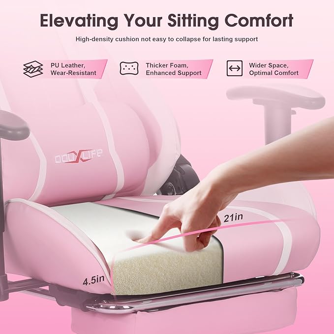 Douxlife 7-Point Massage Gaming Chair with Footrest 400lbs Heavy Duty Ergonomic Computer Chair 175° Reclining High Back Racing Seat for Adults with Adjustable Armrests &amp Lumbar Support Pink