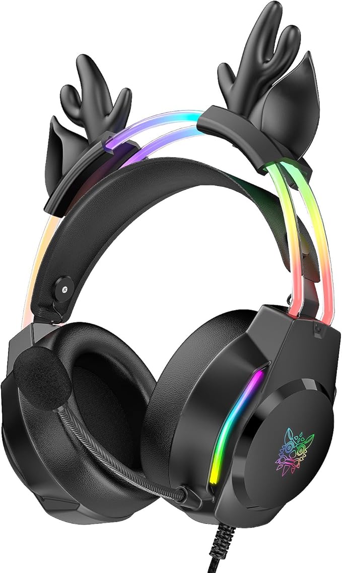 Gaming Headset with Microphone Deer Ears Headphones for PC Laptop PS4 PS5 Xbox Switch Rainbow RGB Lighting &amp Virtual Surround Sound 3.5mm Over Ear Headphones Ergonomic