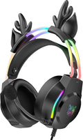Gaming Headset with Microphone Deer Ears Headphones for PC Laptop PS4 PS5 Xbox Switch Rainbow RGB Lighting &amp Virtual Surround Sound 3.5mm Over Ear Headphones Ergonomic