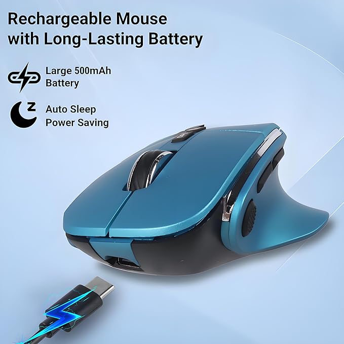 Ergonomic Mouse JigglerBluetooth Vertical Wireless MouseLED Rechargeable Optical Computer Mice Portable(BT5.2 or USB 2.4GHz) Dual Mode1000/1600/2400 DPI8 Buttons for LaptopPCMacbook (Blue)