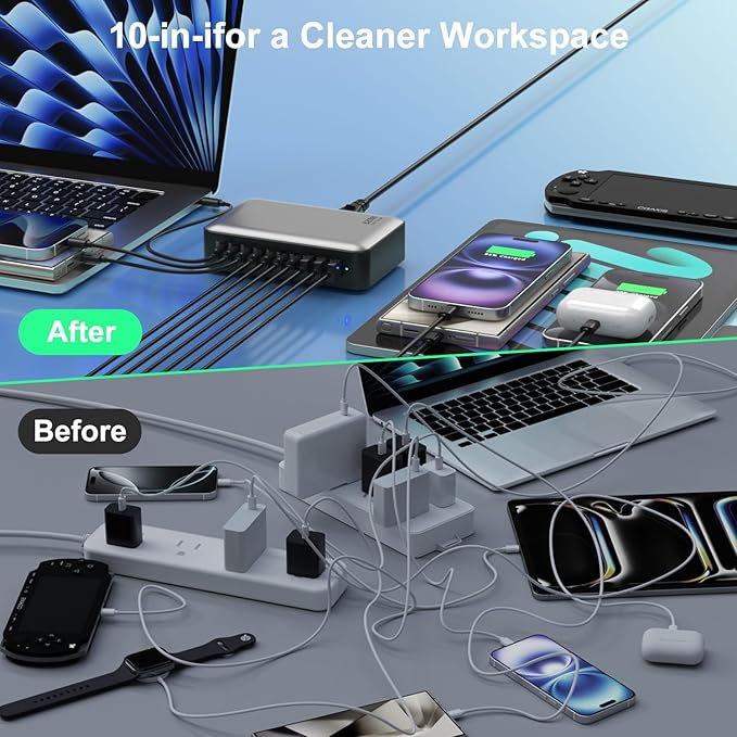 USB C Fast Charger Block USB Charging Station 540W PD 100W Laptop Charger GaN Charging Block 10 Port Multi Port Charer Hub Compatible with LaptopMacBookiPadiPhoneSamsung GalaxyDell