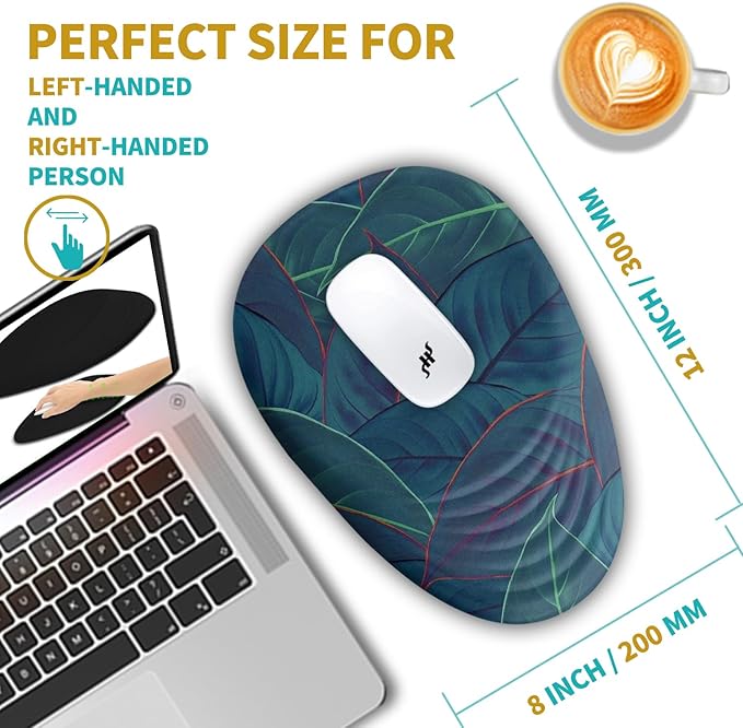 Hokafenle Ergonomic Mouse Pad Wrist Support with Stepped-Wedge Design Wrist Rest Pain Relief Mousepad Filled with Memory Foam Carpal Tunnel Mousepad for Wireless Mouse(12x8 inch Green Leaves)