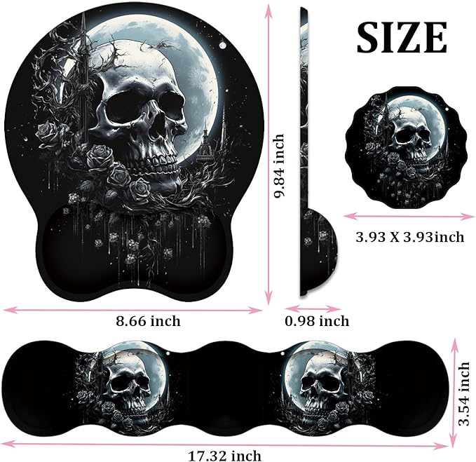 Mouse Wrist Rest and Keyboard Wrist Rest Pad+ Coaster Set Non-Slip Rubber Base Smooth Surface Ergonomic Gaming Mouse Pad for Easy Typing and Pain Relief Skull Rose Under The Moon
