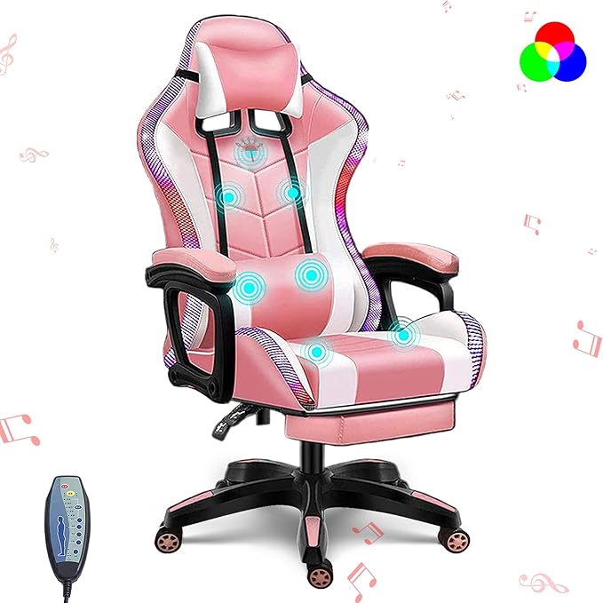 RGB Gaming Chair with Massage and Footrest Ergonomic Big and Tall Office Chair Computer Chair Video Game Chair with Speakers High Back Recliner Swivel Chair with Lumbar PillowPink