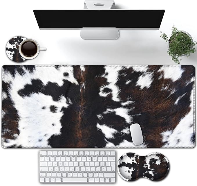 Large Gaming Mouse Pad Extended Waterproof Desk Pad Protector (31.5 x 11.8) Ergonomics Memory Foam Mouse Wrist Rest Support for Home Office Laptop Easy Typing Black &amp White Cowhide Fur Mouse