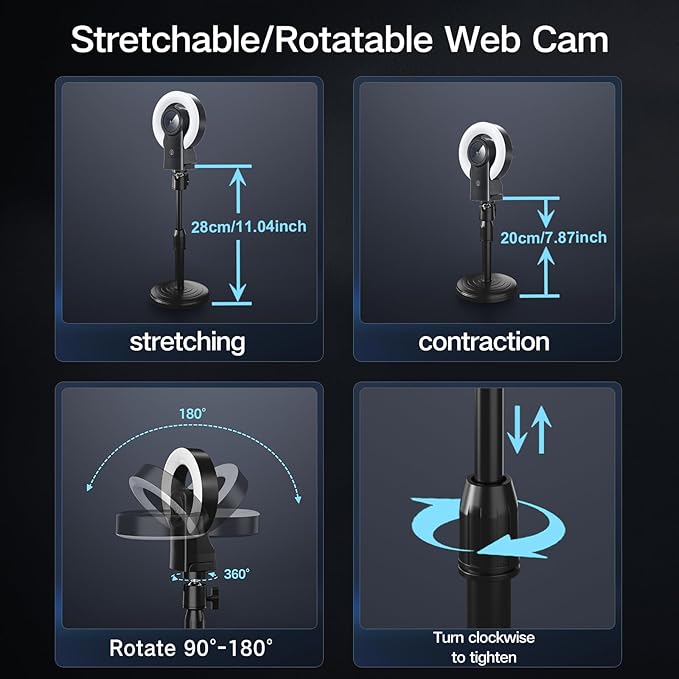 4K Webcam with Light Web Cam with Speaker Dual Noise Reduction Plug and Play Web Camera for Desktop Computer Auto-Focus Privacy Protection Webcam for PC Zoom Skype