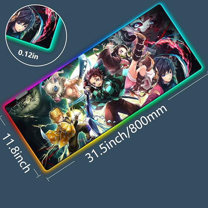 RGB Mouse Pad for Demon - Anime Tanjirou Large Mouse Pad for Computer with LED Light Edges Non Slip Rubber Base | Compatible with Kimetsu No Yaiba 11.8 x 31.5in Long Mouse Mat