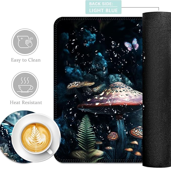 Keyboard Mouse Pad Set Extended Gaming Mouse Pad+Ergonomics Keyboard Wrist Rest Support Memory Foam Easy Typing Pain Relief 4Pcs XL Ultra Thick Desk MatButterfly Mushroom