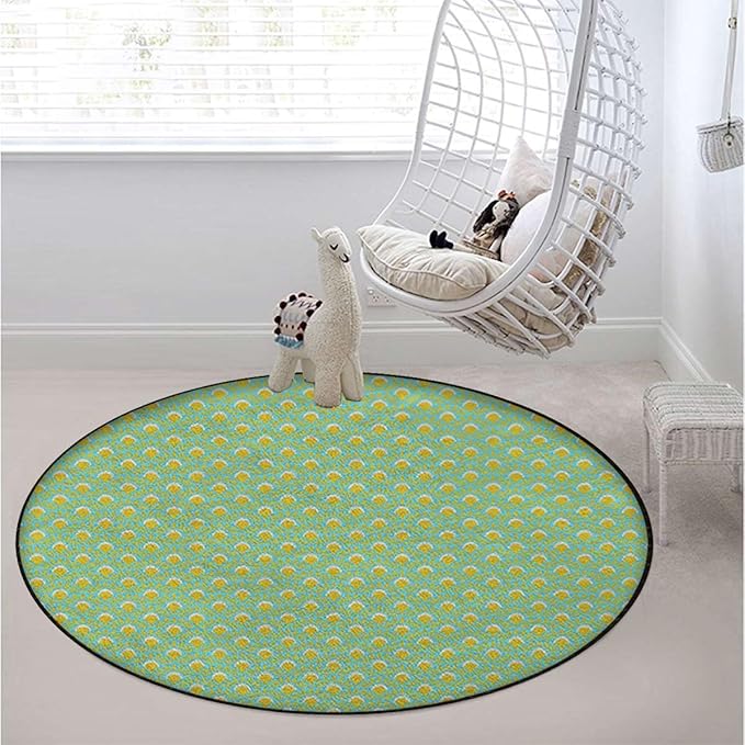 Yellow Blue Room Round Chair Mat for Carpeted Floor Anti-Slip Floor Protector Gaming Computer Chair Mat for Office Gaming Circular Diamond Shaped Cubic Figures Diameter 59 in