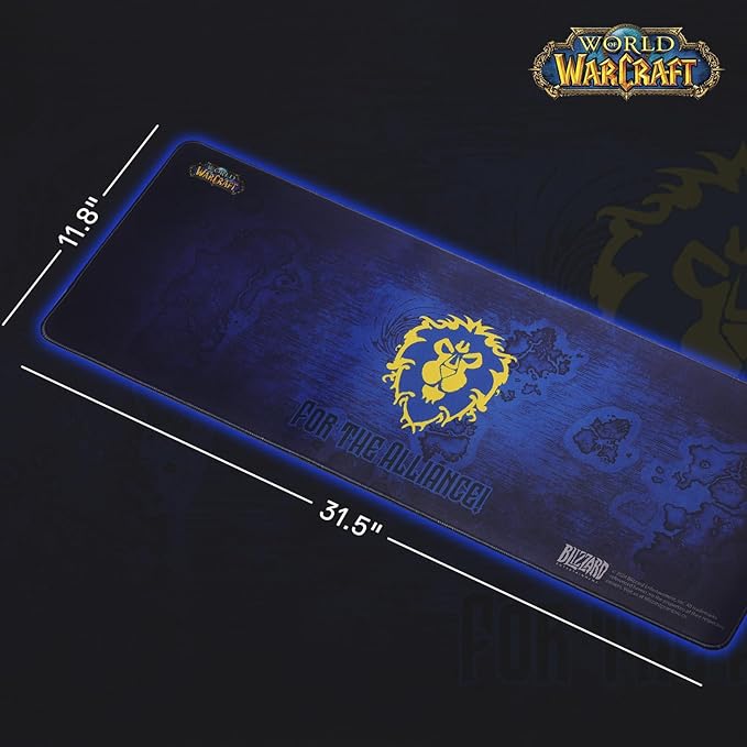 Blizzard Gaming Mouse Pad XXL Desktop Keyboard Mat Wow Themed Symbol Cloth Cover with Stitched Edge Smooth Tracking &amp Stability Never-Slip Rubber 31.5x11.8x1.2 in (Blue)