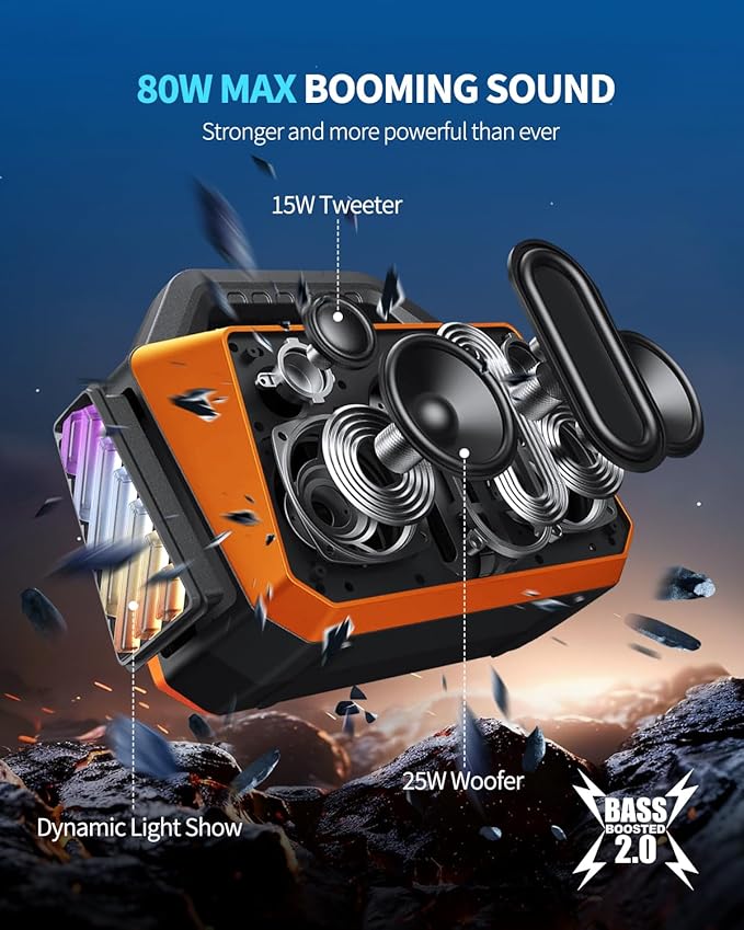 Bluetooth Speaker - 80W Loud Rugged Outdoor Speakers IPX6 Waterproof 20H Playtime Deep Bass Lightshow TWS BT 5.3 Wireless Portable for Travel Hiking Camping Beach Pool - Orange