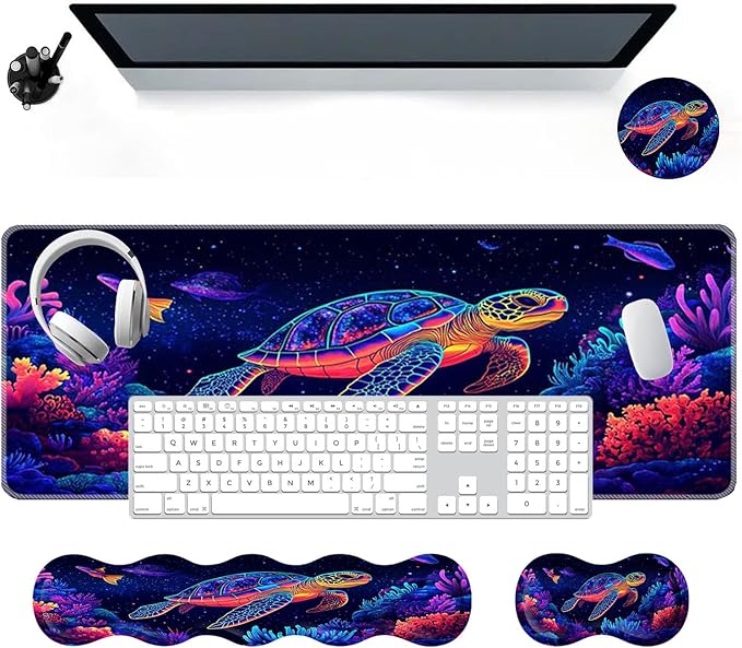 Large Mouse Pad Wrist Support SetDesk Pad+Keyboard Wrist Rest+Mouse Pad Wrist Support+Coaster4in1 XXL Big MousepadErgonomic Design Gaming Mat for Home Office TableSea Turtles