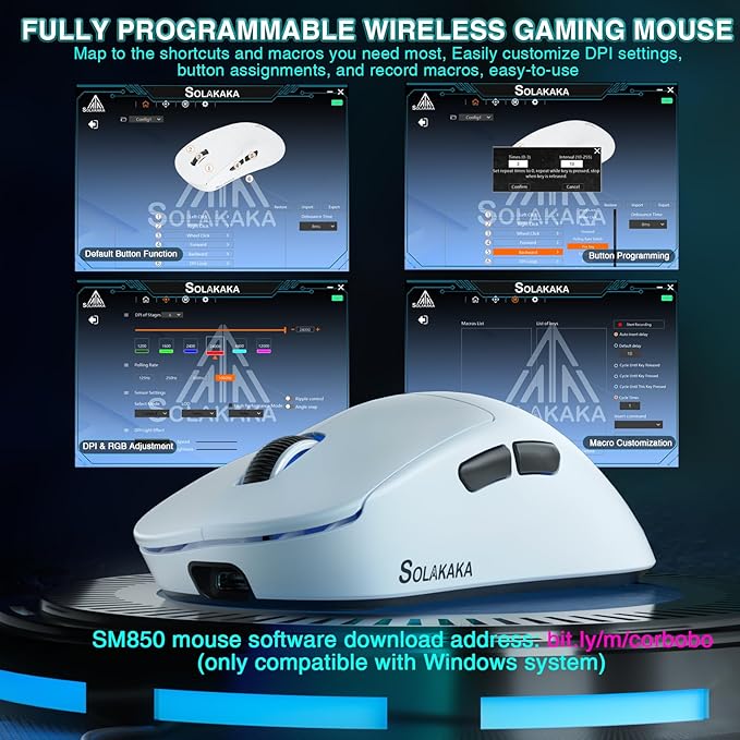 SOLAKAKA SM850 - Wireless Gaming Mouse - Programmable Buttons24000 DPI Adjustable Lightweight Ergonomic Computer Wireless Mouse BT5.1/2.4G/Wired PC Gaming &amp Office Mice for Win/Mac/Linux