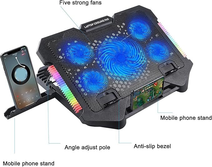 Laptop Cooling Pad Coolers Gaming Fan Stand Adjustable LED Quiet Fan 2 USB Port Heat Dissipation