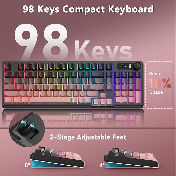 BlueFinger Wireless Gaming Keyboard and Mouse Combo RGB Backlit Tri-Mode Bluetooth/2.4G/USB-C Wired 98 Keys Quiet Keyboard with Number Pad Volume Knob &amp Screen 4800 DPI Mouse for PC/Mac/Lapto