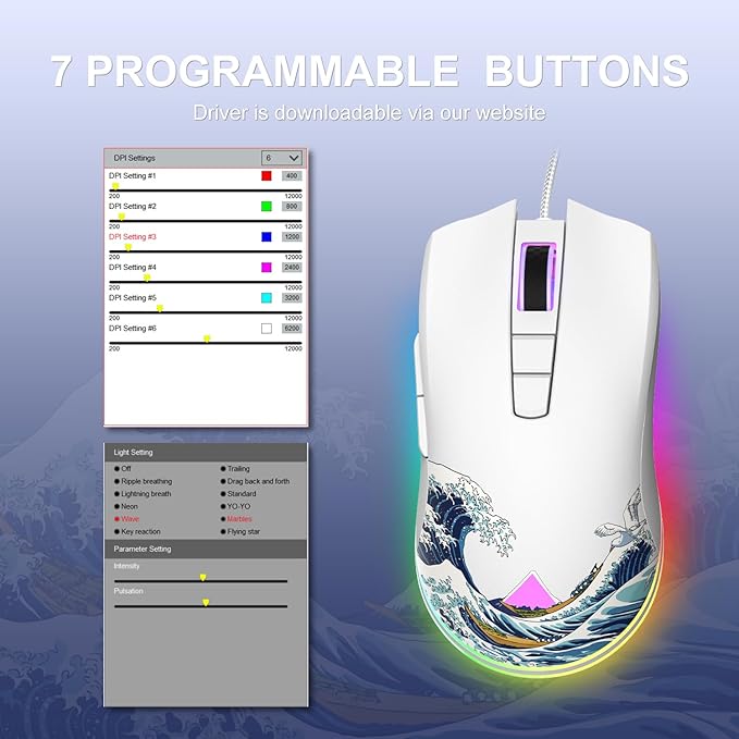COSTOM Womier G705 USB Wired Gaming Mouse for PC Computer Windows Mac Laptop Lightweight Silent RGB Backlit Mouse with Adjustable 12000DPI/7 Programmable Side ButtonsWhite Kanagawa Theme
