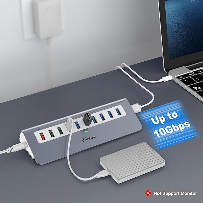 Powered USB Hub 10Gbps 10 Port USB 3.2 Gen 2 Hub with 7 USB 3.2 Data Ports 3 Fast Charging Ports 36W Power Adapter Type A and Type C Cable Aluminum USB Data Hub for Mac PC Laptop