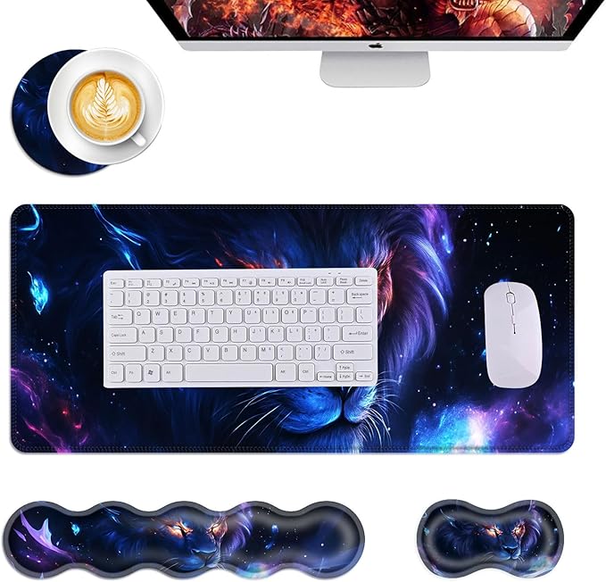 Mouse PadLarge Desk Mat Set 4in1 XL Mousepad + Keyboard Wrist Rest+Mouse Wrist Rest+Coaster with Ergonomic Desk Pad for Home Office Table Computer Cover -Galaxy Lion with Glowing Eyes