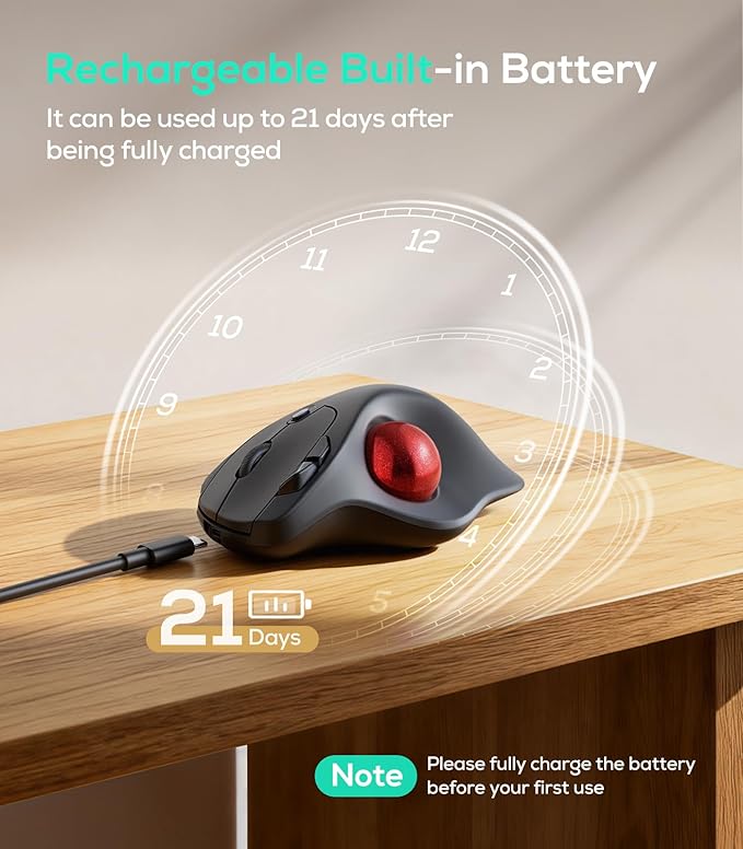 Nulea M511 Wireless Trackball Mouse Rechargeable Ergonomic Thumb-Control Mouse with Tilt Stand Smooth &amp Precision Tracking 3 Device Connection (Bluetooth or USB Receiver) for PC/Mac/Laptop-Red