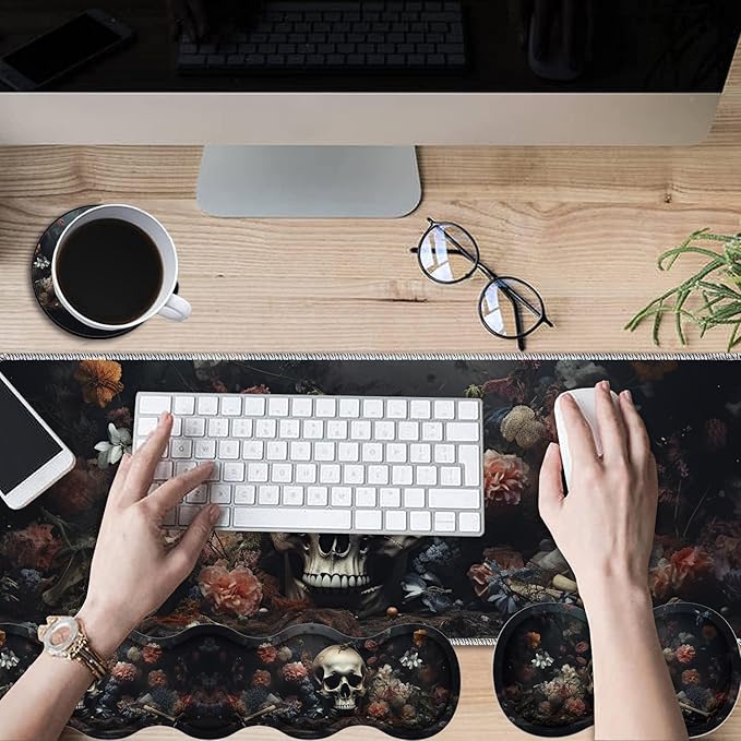 Gaming Mouse Pad Set Large Gaming Mouse Pad+Keyboard Wrist Rest+Mouse Wrist Rest+Coaster Easy Typing Pain Relief 31.5 × 11.8 inch Desk Mat for Home Office - Nature in Death