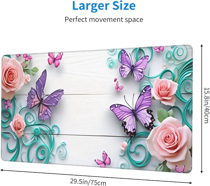 Pink Roses Butterflies Desk Cover MatExtended Large Mouse PadComputer Laptop Mat Desk Decor for Office Game Home 30x16 Inch