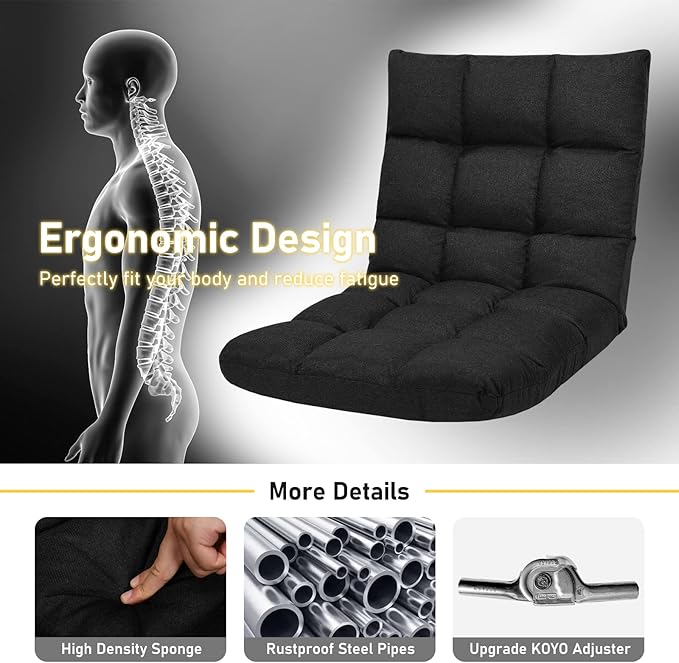 MAT EXPERT 14-Position Floor Chair Floor Gaming Chair w/Resilience Sponge Alloy Steel Frame Padded Bed Couch Recliner Floor Chair with Back Support for Reading Meditating (Dark)