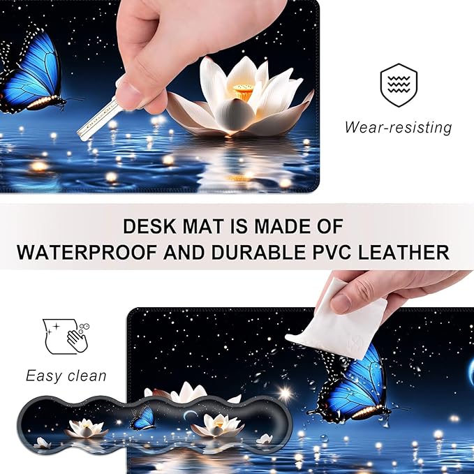 Mouse PadLarge Desk Mat Set 4in1 XL Mousepad + Keyboard Wrist Rest+Mouse Wrist Rest+Coaster with Ergonomic Desk Pad for Home Office Table Computer Cover -Butterfly and Lotus at Night