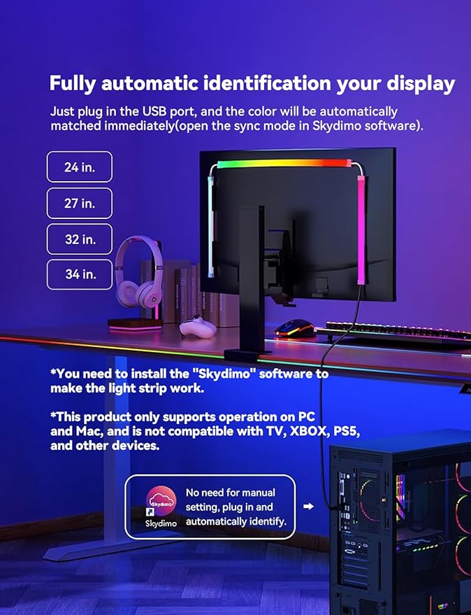 Monitor LED Backlights for PC &amp Mac LED Strip Lights That Sync with Screen Color or Music Computer Light Bar Behind Monitor LEDs for Desk Gaming USB Interface Software Control (34 in)