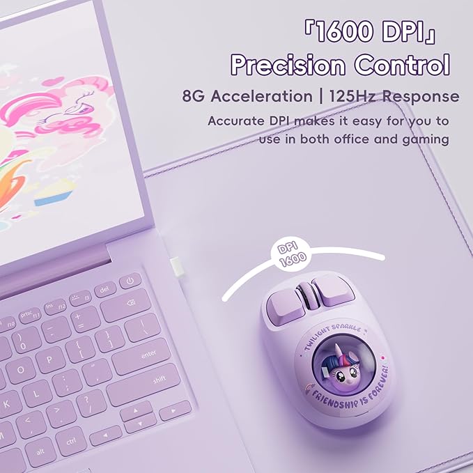 My Little Pony Wireless Mouse - Twilight Sparkle Edition 3D Character Design Silent Click Mouse with 1600 DPI Dual-Mode (2.4GHz/Bluetooth) Ergonomic for Mac/Windows