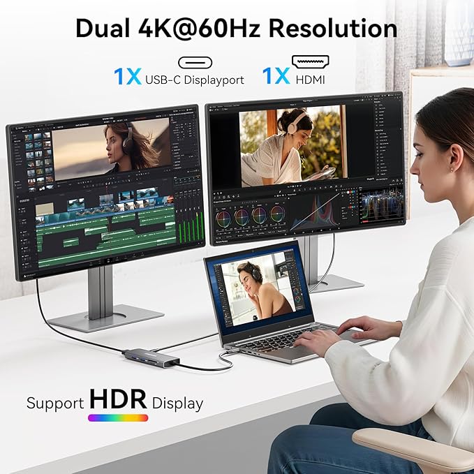USB C Video Output Hub 3 USB-C &amp 2 USB-A 3.2 10Gbps Ports 4K@60Hz HDMI 100W PD SD/TF USBC Splitter Dual Monitor Adapter for MacBook Pro/Air iMac iPad Pro XPS Surface Galaxy S22Samsung D
