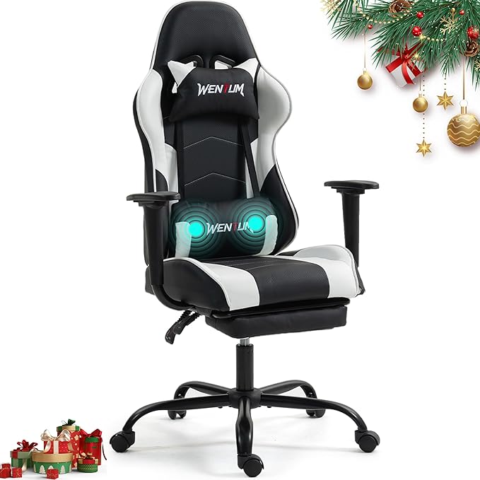 Gaming Chair Video Game Chair with Footrest Massage Computer Chair with PU LeatherLumbar Support for Men Women Home Office Height Adjustale Ernogomic Gaming Chair High Back White