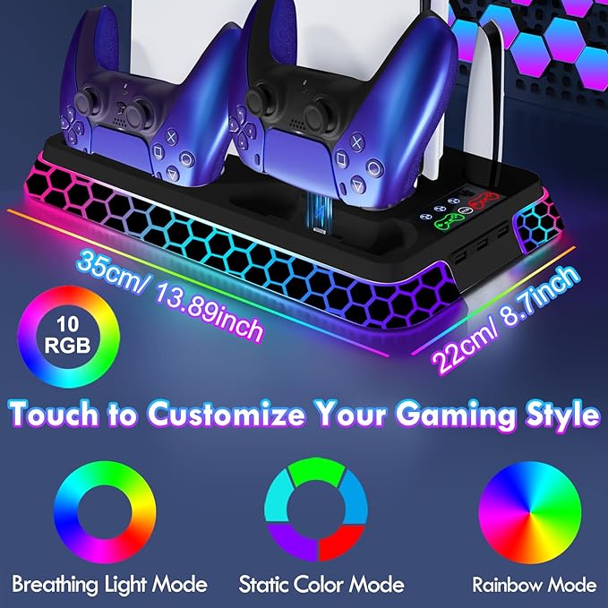 Pro Slim Cooling Station with RGB LightsStand Vertical Base Accessories with Silent 3-Level Cooling Fans Dual Controller Charger and USB Hubs (Black)