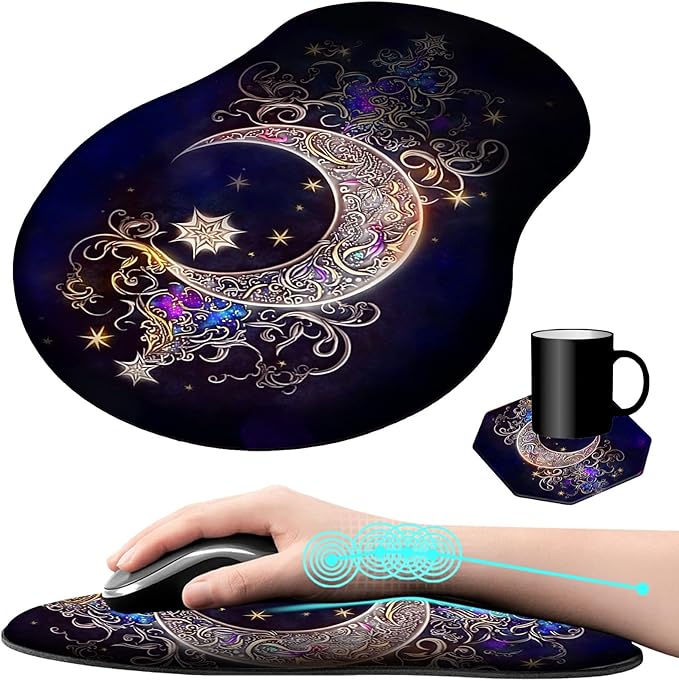 Mouse Pad with Wrist Support Gel Moon Star Galaxy Floral Pattern Design Ergonomic Gaming Mousepad with Wrist Rest for Laptop Computer Home Office Working Mouse Mat + A Cute Coffee Pad