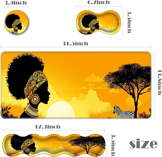 Ergonomic Keyboard Wrist Rest &amp Mouse Pad Wrist Rest SetXL Gaming Desk Mat 31.5x 11.8Non-Slip BaseMemory FoamEasy Typing Pain Relief for Office &amp HomeAfrican Woman Sunset Art