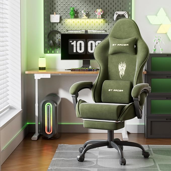 Ferghana Velvet Fabric Gaming Chair Ergonomic Gamer Chair for Adult Comfortable Video Game Chair with Footrest and Massage Lumbar Cushion Racing Reclining Office Home Computer Desk Chair Green