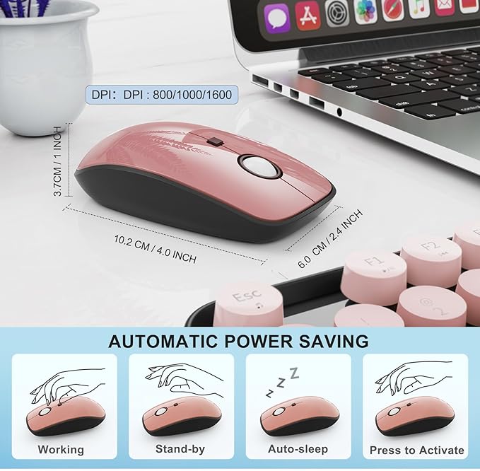 FOPETT Wireless Keyboard and Mouse Combo 104 Keys Full-Sized 2.4 GHz Round Keycap Colorful Keyboards USB Receiver Plug and Play for Windows Mac PC Laptop Desktop (GradientPink)
