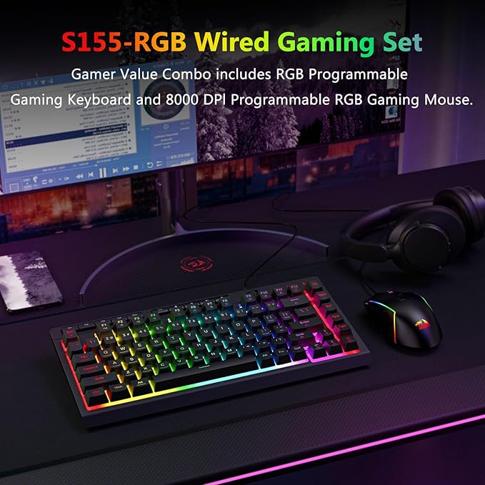 Redragon Wired Gaming Keyboard and Mouse Combo RGB Backlit 75% Mini Macro Membrane Keyboard with Anti-Ghosting &amp Multimedia Keys + 8000 DPI Programmable Optical Mice for PC Laptop