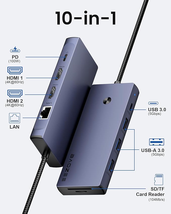 Laptop Docking Station Dual Monitor 10-in-1 USB-C Hub with Dual HDMI 4K Ethernet PD 100W Charging USB 3.0 USB-A and USB-C with 5Gbps Data Transfer SD/TF Card Reader for MacBook and More