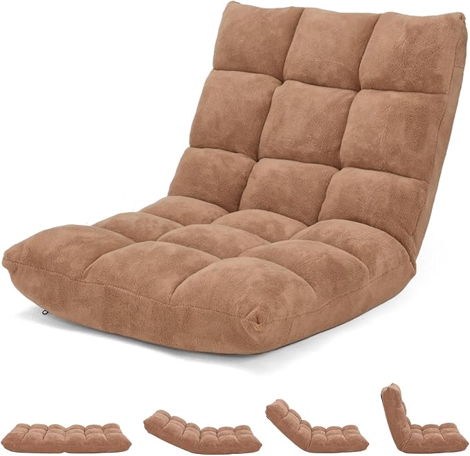 14-Position Lazy Sofa Chair with Soft Coral Fleece Folding Gaming Chair Couch Recliner Floor Seat for Reading Meditating Yoga (Tan)
