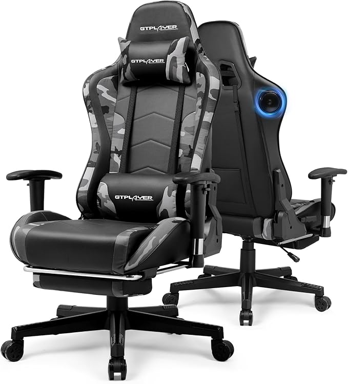 GTPLAYER Gaming ChairGamer Chair with Bluetooth and Adjustable BackrestSeat Height Adjustable Computer Chairs with 3D ArmrestsVideo Game Chair with Footrest Speakers (Camouflage)
