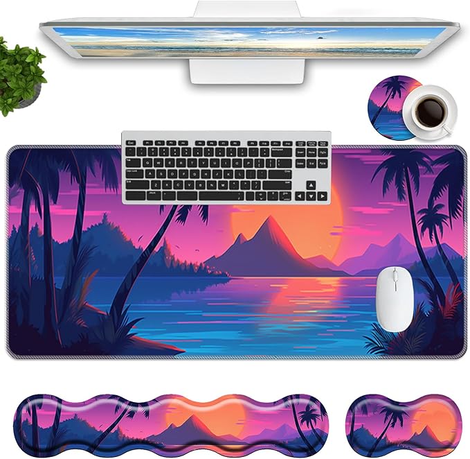 Keyboard Mouse Pad SetLarge Mouse Pad+Keyboard Wrist Rest+Wrist Support+Coaster31.5x11.8in Extended Desk Mat for Computer Laptop Office Home-Sunset Beach Palm Trees