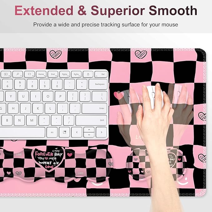 Desk Mat Gaming Mouse Pad Cute Desk Matt Keyboard Wrist Rest for Desktop Anti-Slip Big Mousepad Stitched Edges XXL Large Mouse Pad with Wrist Support for Home Office I Pink Black True Love