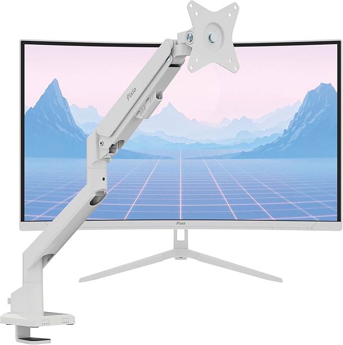 Pixio PXC278WAVE White 27 inch 180Hz Refresh Rate QHD 1440p Resolution 1650R Curve Fast VA Panel 1ms GTG Response Time HDR Curved Gaming Monitor and PS1S Wave White Single Monitor Arm