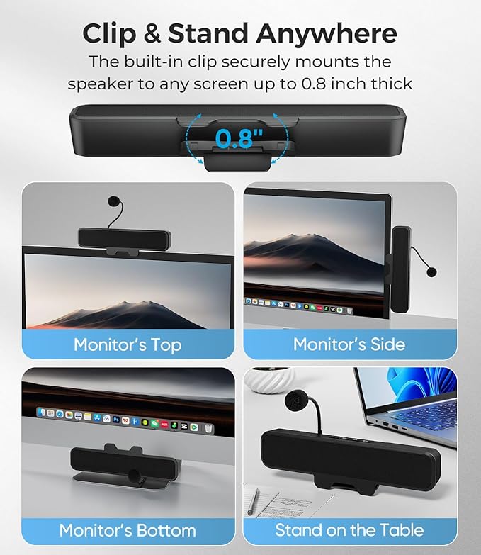 USB Computer Speakers with Detachable Microphone Plug and Play Desktop Speaker with Monitor Clip Stereo Sound &amp Bass Suitable for PC PS5 Switch 2 and Laptop