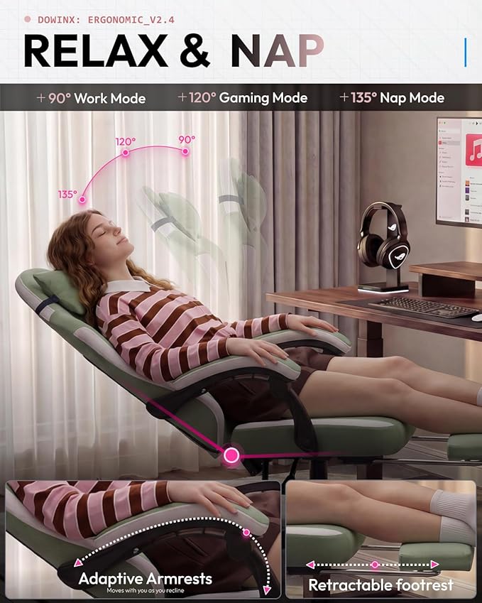 Dowinx Fabric Gaming Chair Computer Office Chair with Pocket Spring Cushions and Lumbar Support Ergonomic Massage Gaming Chairs with Footrest for Big and Tall Green