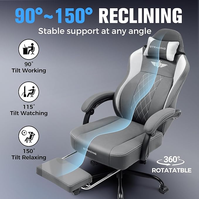 GTPLAYER Big and Tall Gaming Chair Breathable Fabric Computer Chair with Strong Lumbar Support Comfortable Office Chairs with Pocket Spring Cushion High Back Ergonomic Desk Chairs with Footrest