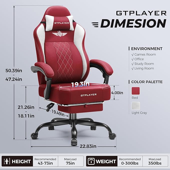 GTPLAYER Big and Tall Gaming Chair Breathable Fabric Computer Chair with Strong Lumbar Support Comfortable Office Chairs with Pocket Spring Cushion High Back Ergonomic Desk Chairs with Footrest